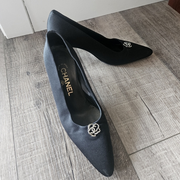 CHANEL Shoes - Chanel Classic Pump Satin with Rhinestone Camellia CC on Toe